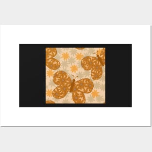 Warm Mustard and Caramel Floral Butterflies Posters and Art
